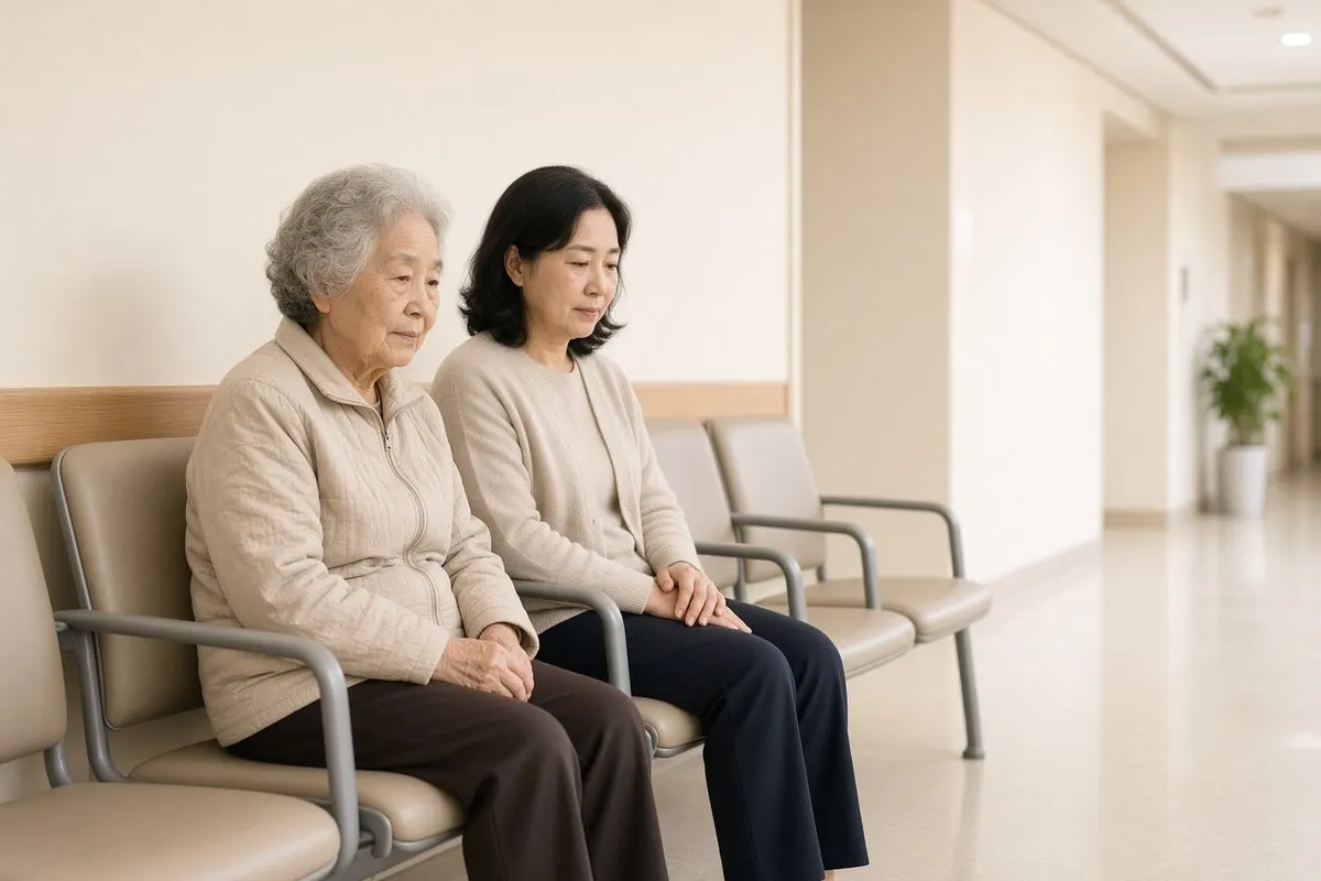 병원 진료실 앞에서 기다리는 모녀