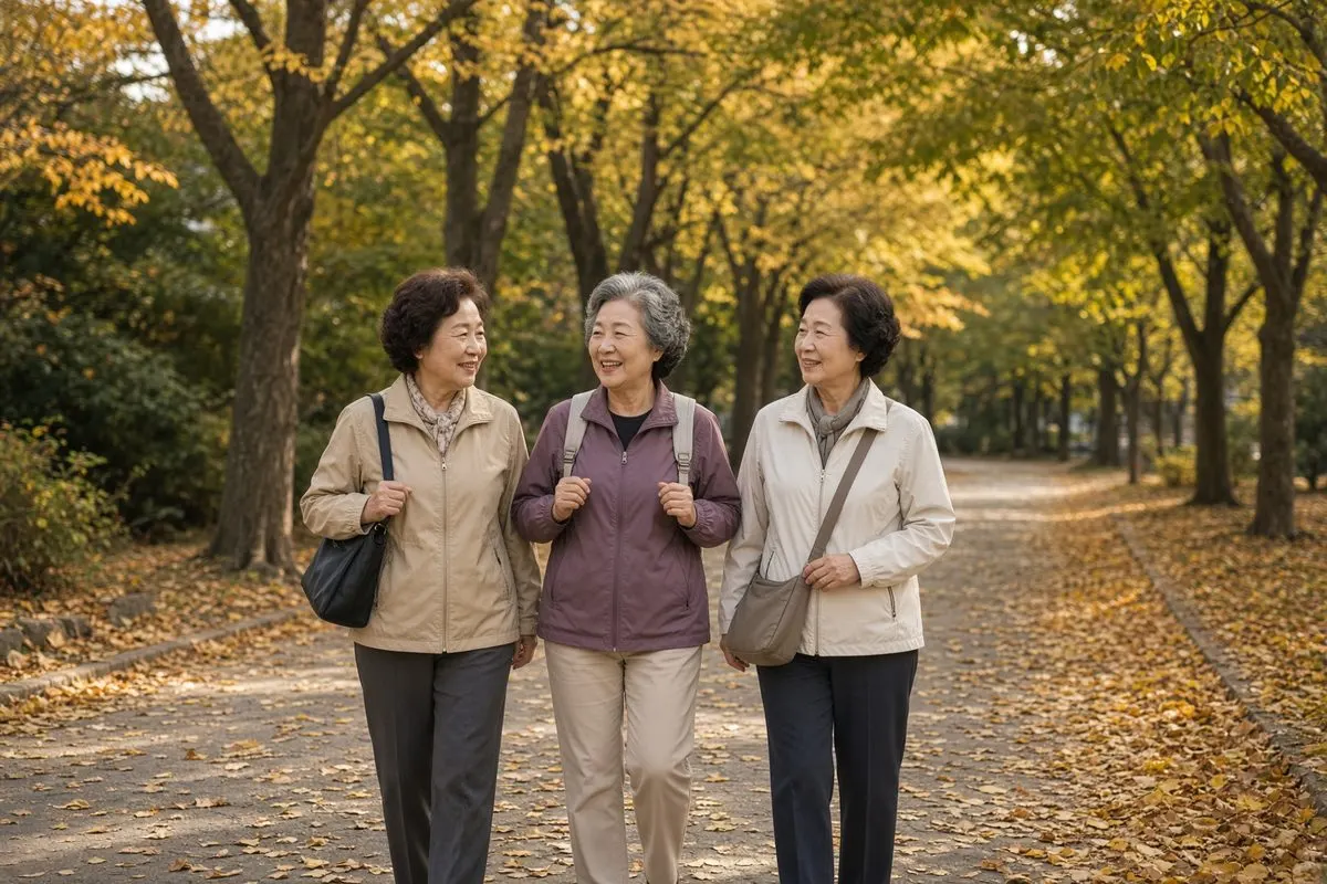 친구들과 산책하는 60대 여성들