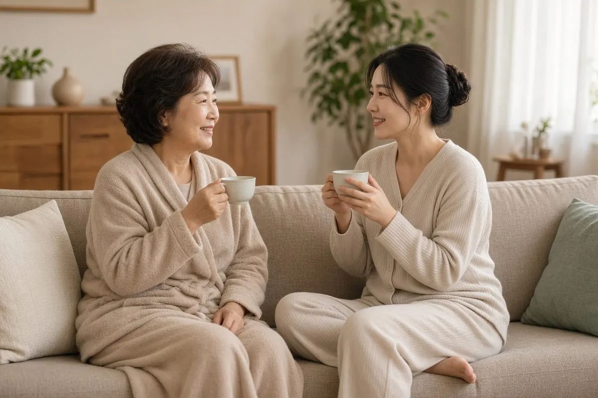 거실에서 차를 마시는 모녀