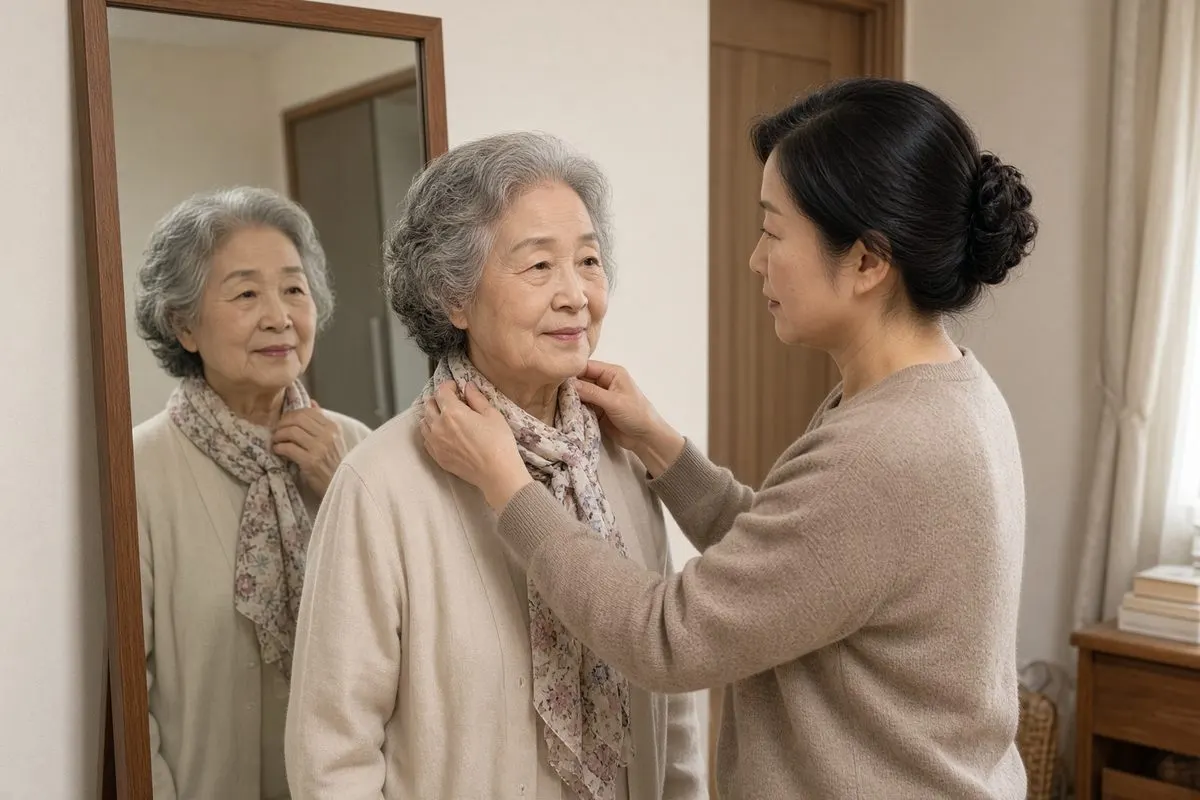 거울 앞에서 스카프를 둘러 보는 할머니