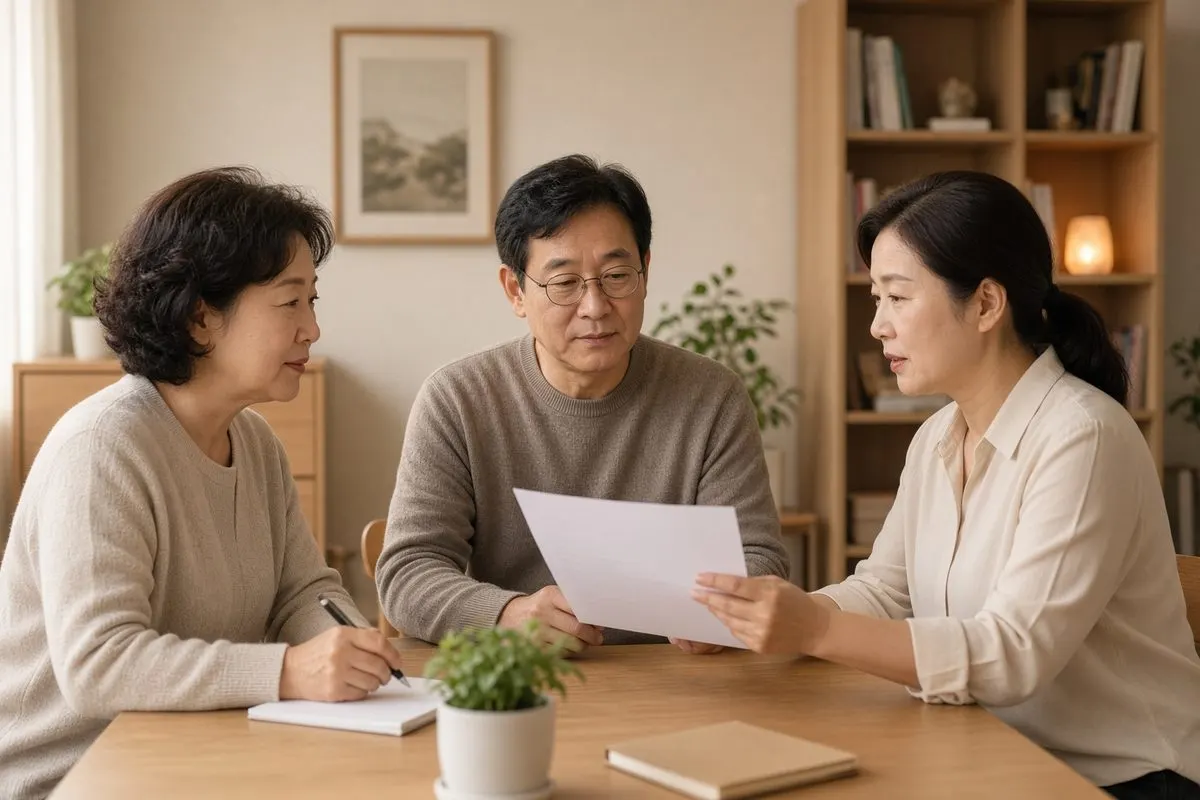 상담실에서 비용 설명을 듣는 가족