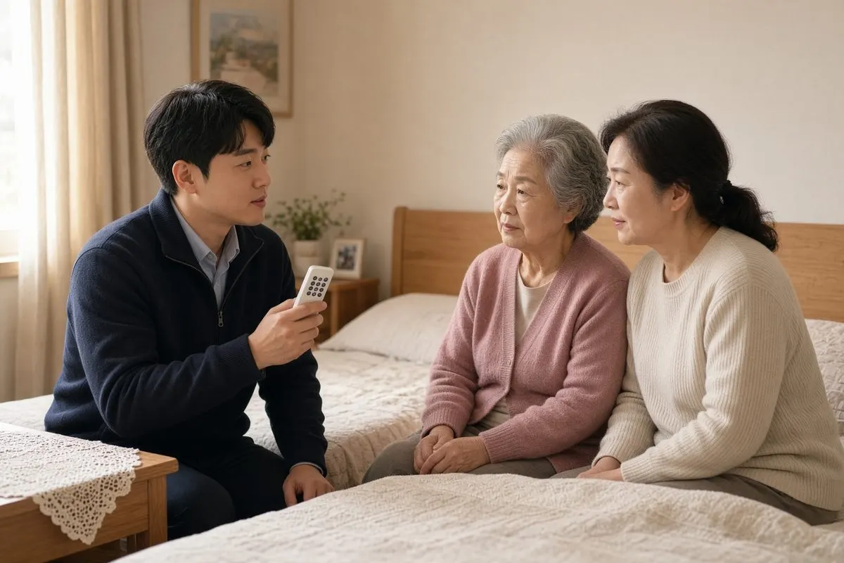 집에서 침대 높이를 점검하는 직원과 어르신