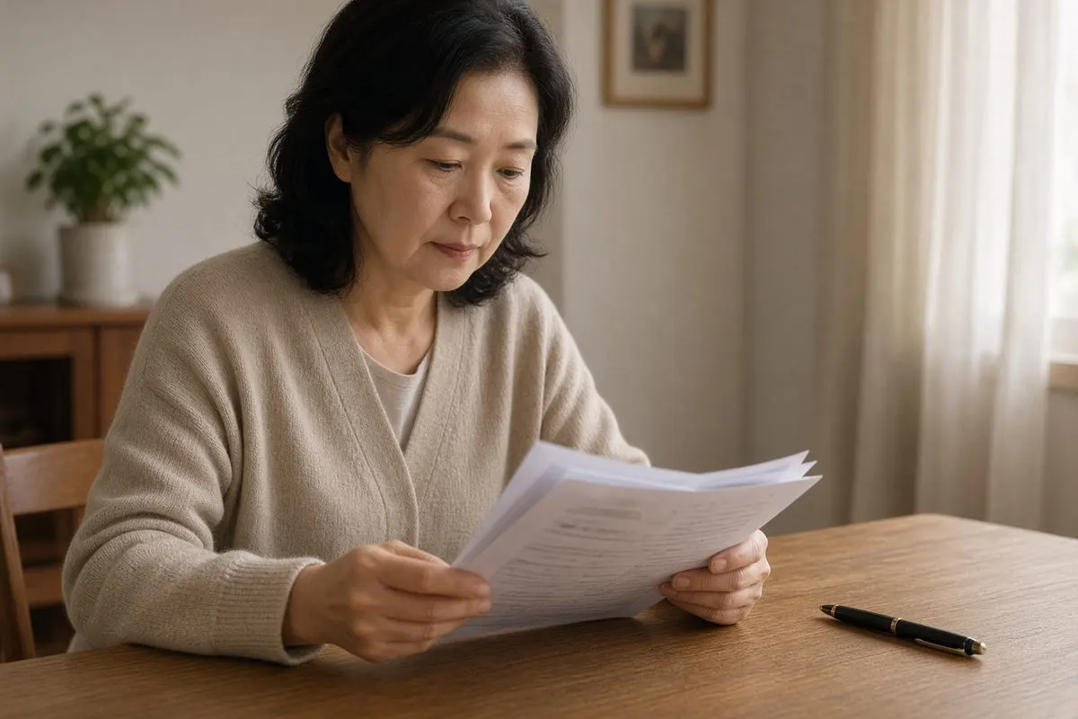 계약서에 서명하기 전 내용을 읽는 중년 여성