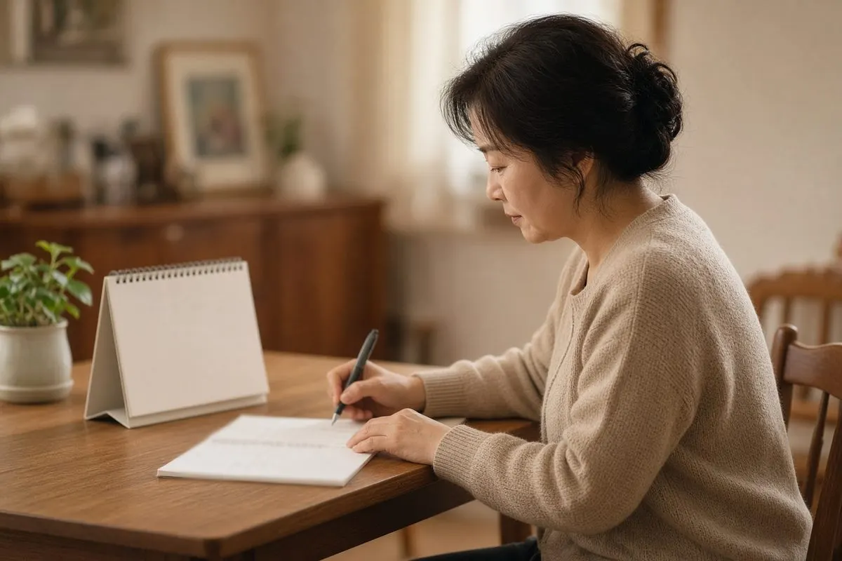 달력과 메모지를 앞에 둔 중년 여성