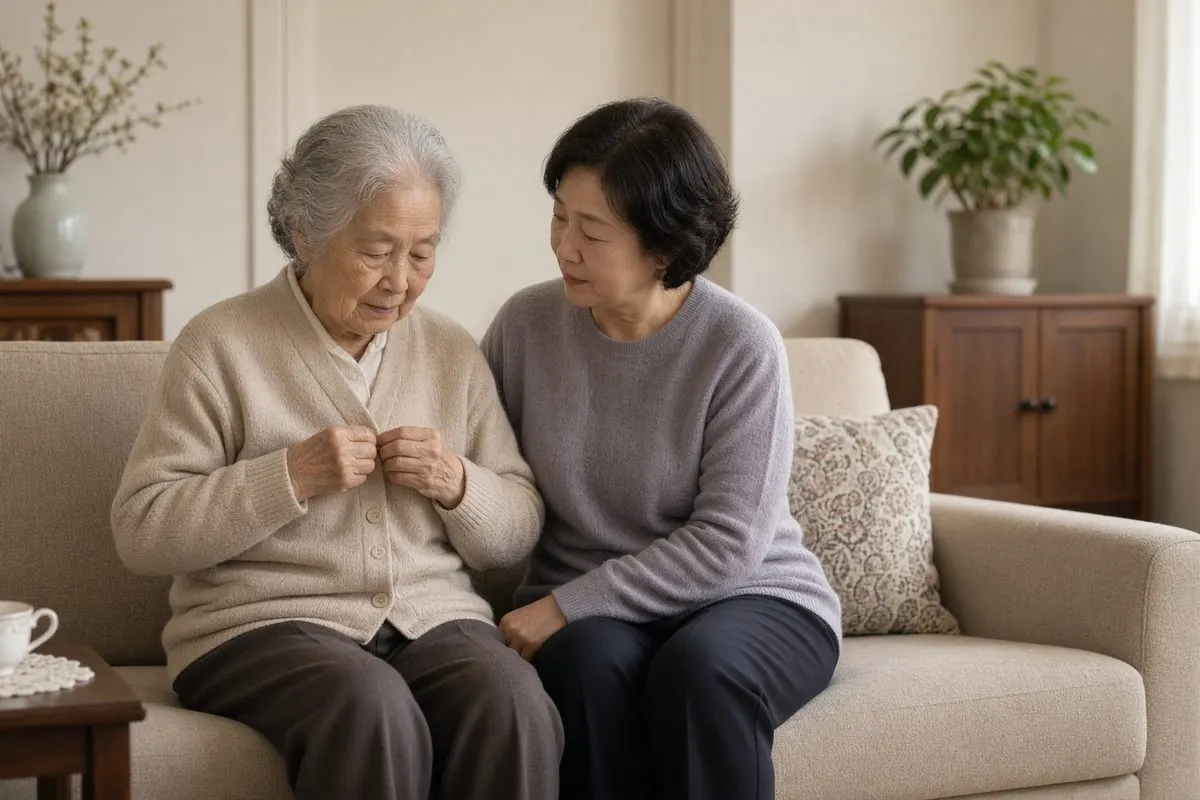 소파에 앉아 옷 단추를 채우는 어르신