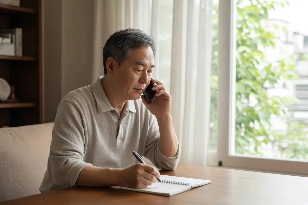 상담 전화를 하며 메모하는 중년 남성