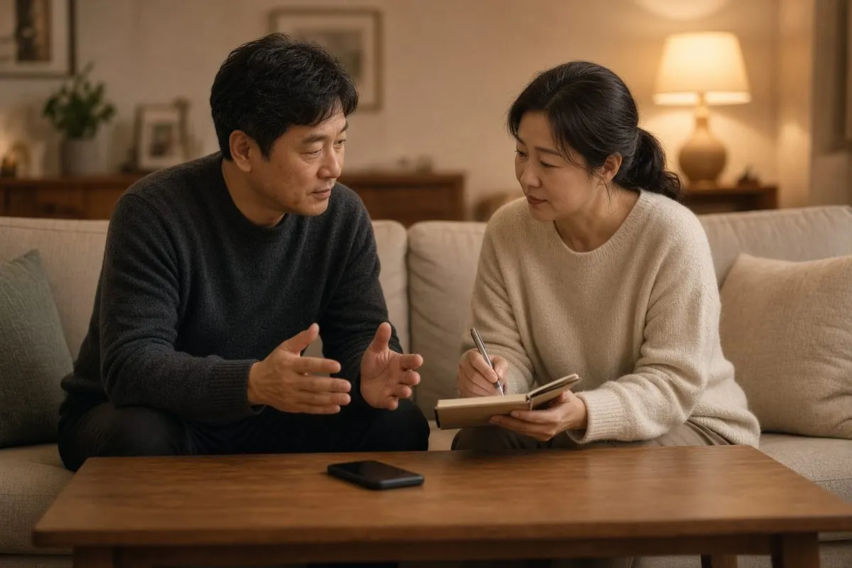소파에서 의논하는 부부
