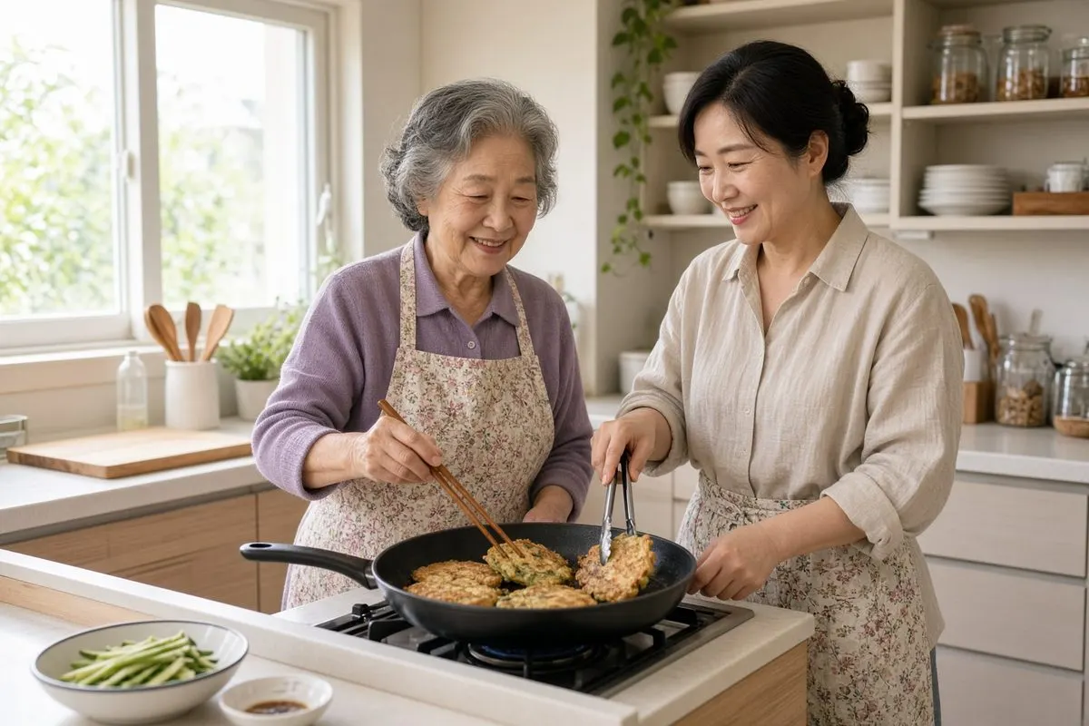 주방에서 함께 음식을 준비하는 고부