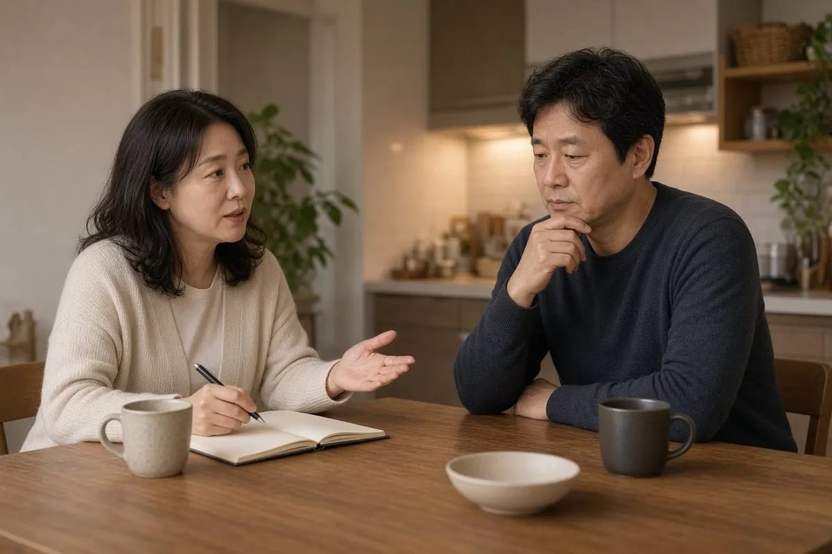 남편에게 무언가를 묻는 아내