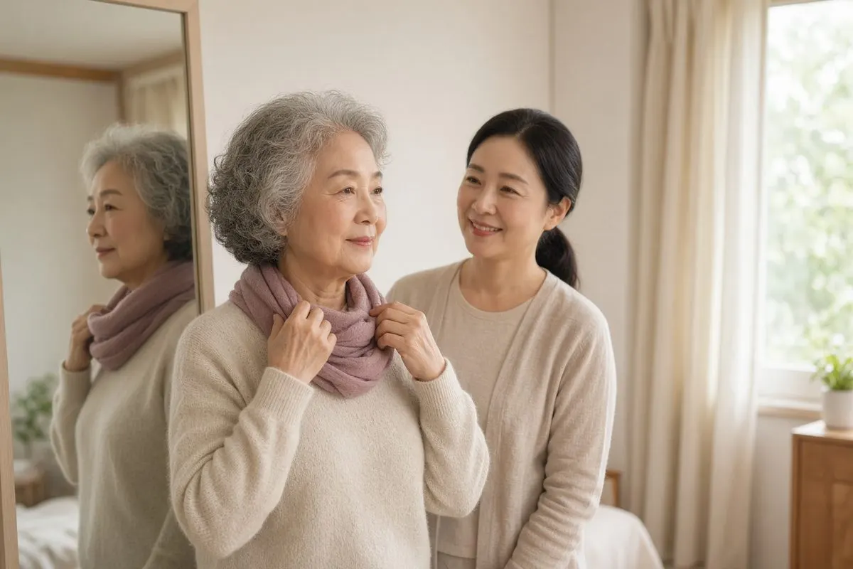 머플러를 둘러 보는 70대 여성