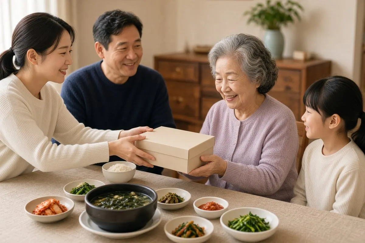 생신상 앞에서 선물을 받는 시어머니