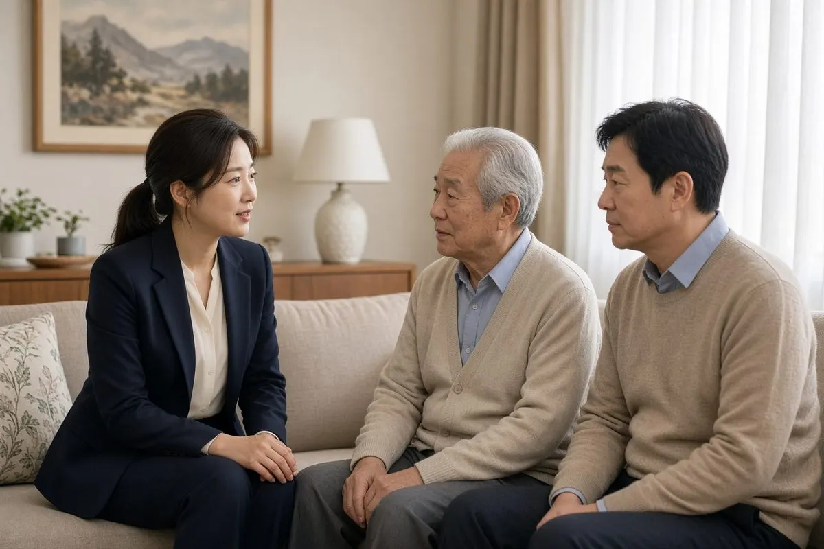 집을 방문한 조사 직원과 이야기하는 어르신