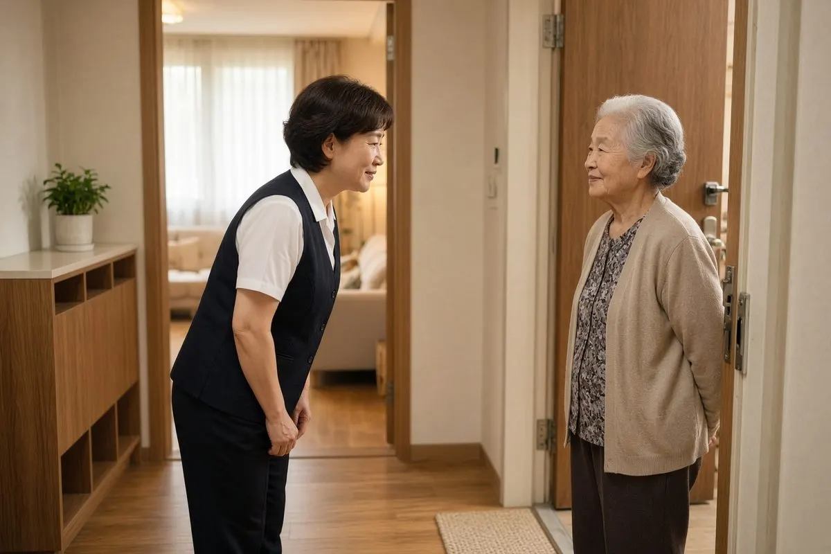 현관에서 어르신을 맞이하는 요양보호사