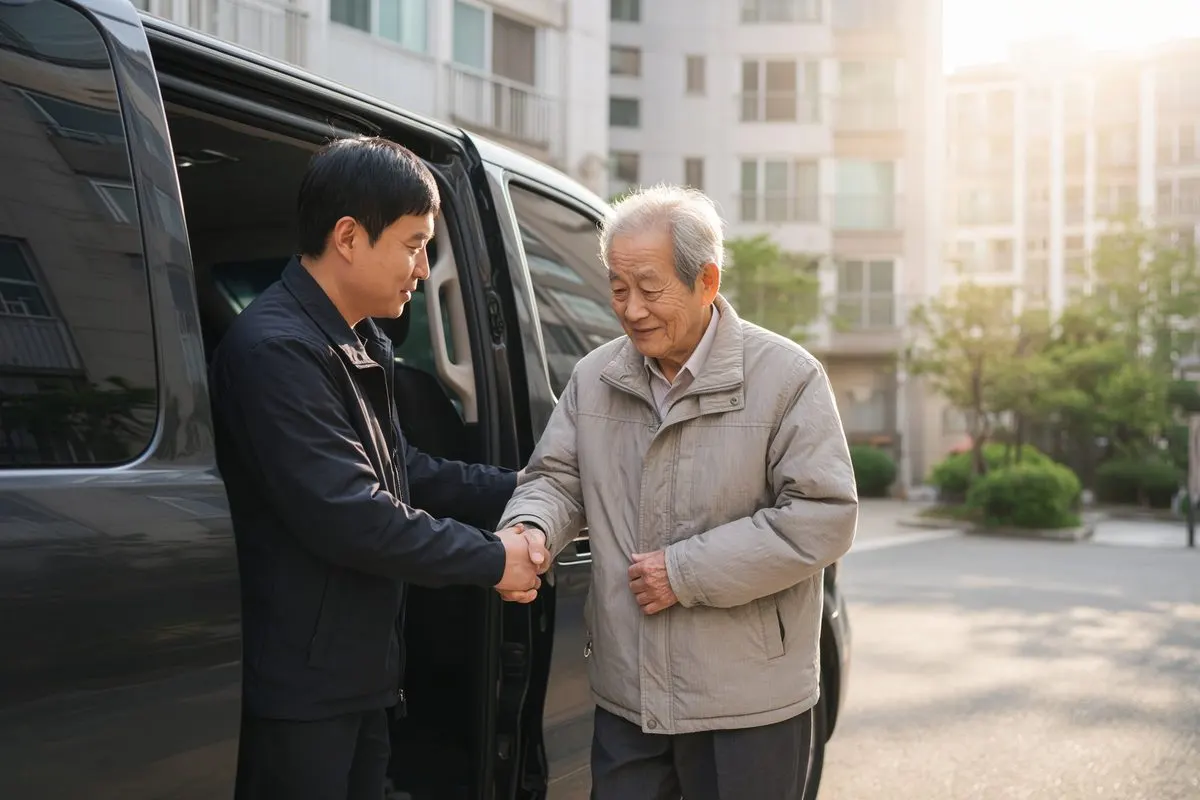 송영 차량에 오르는 어르신을 돕는 직원