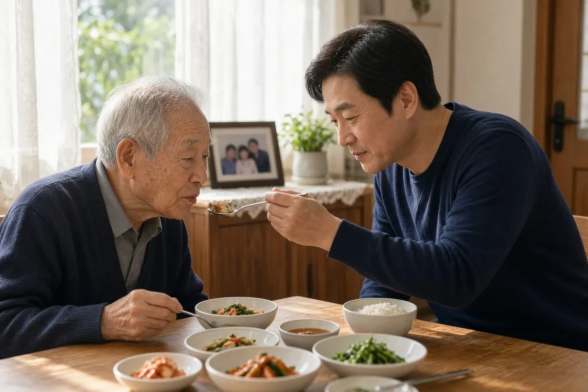 식탁에서 아버지의 식사를 돕는 아들