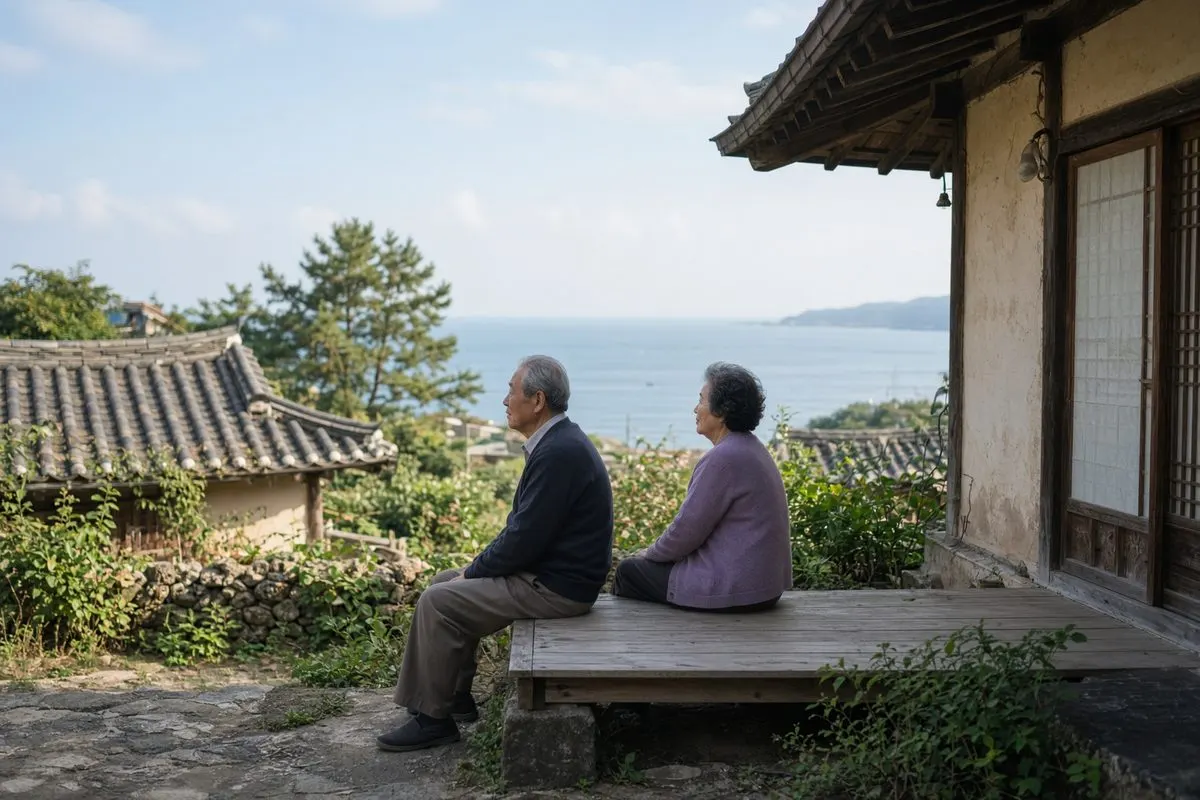 섬마을 집 마당의 노부부