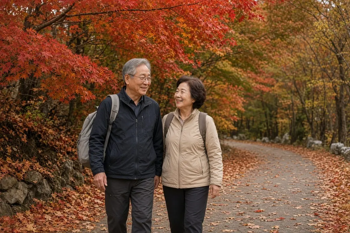 배낭을 메고 산책로를 걷는 60대 부부