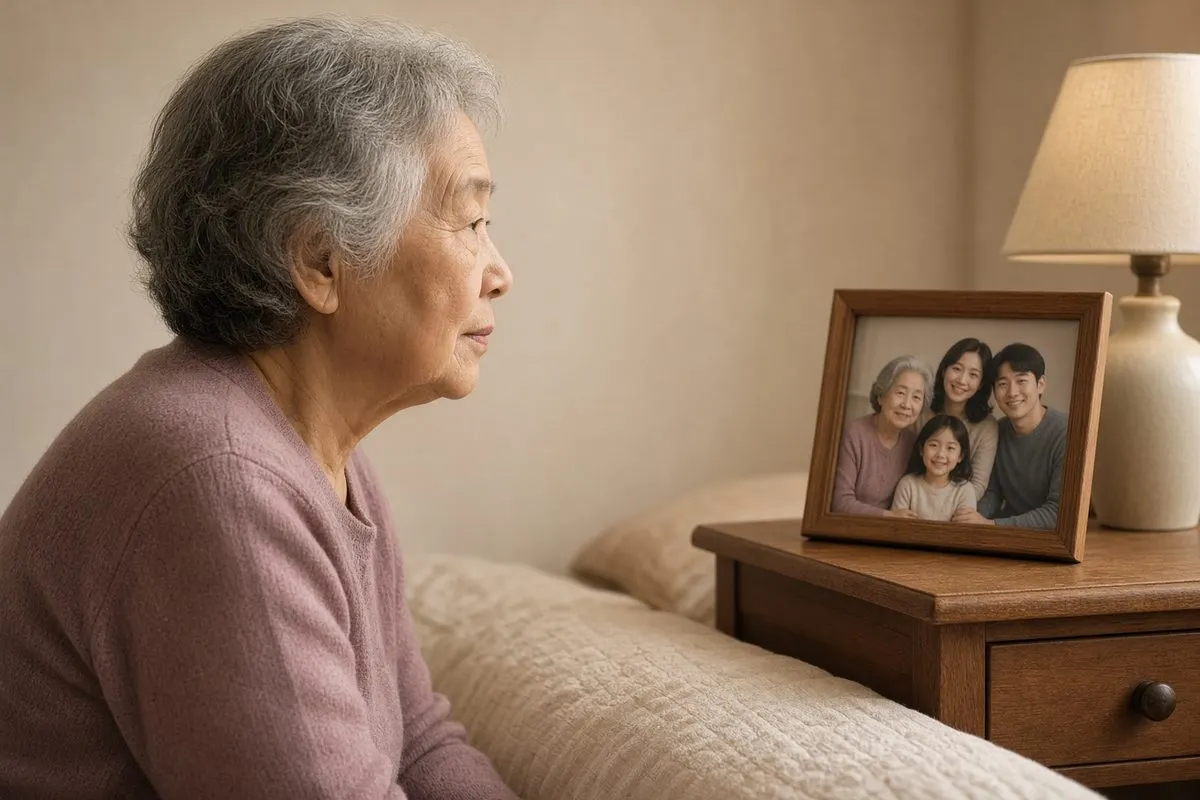 액자 속 가족사진을 보는 80대 어르신